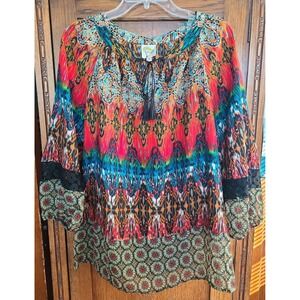Fig and Flower Women Large Boho Ikat Medallion Tassel Blouse Lace Trim JOS763